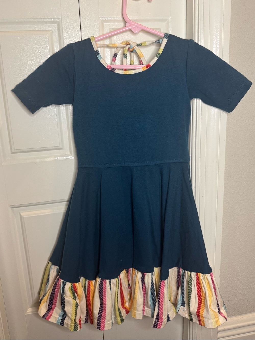 Omi Jo- Girls Navy Blue Dress with Multicolor Stripe Ruffle